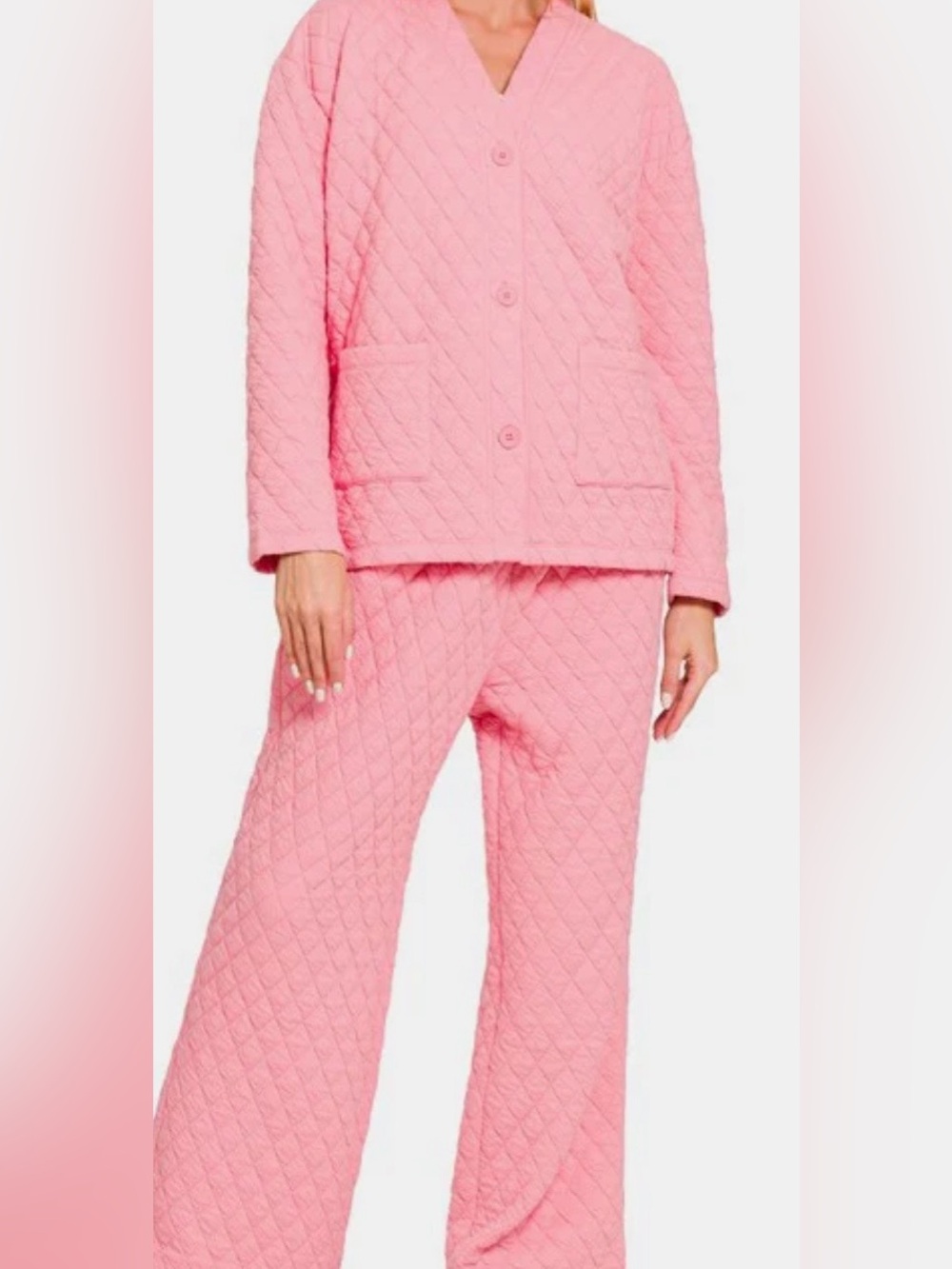 Zenana Quilted Button Up Long Sleeve Top and Pants Lounge Set - small